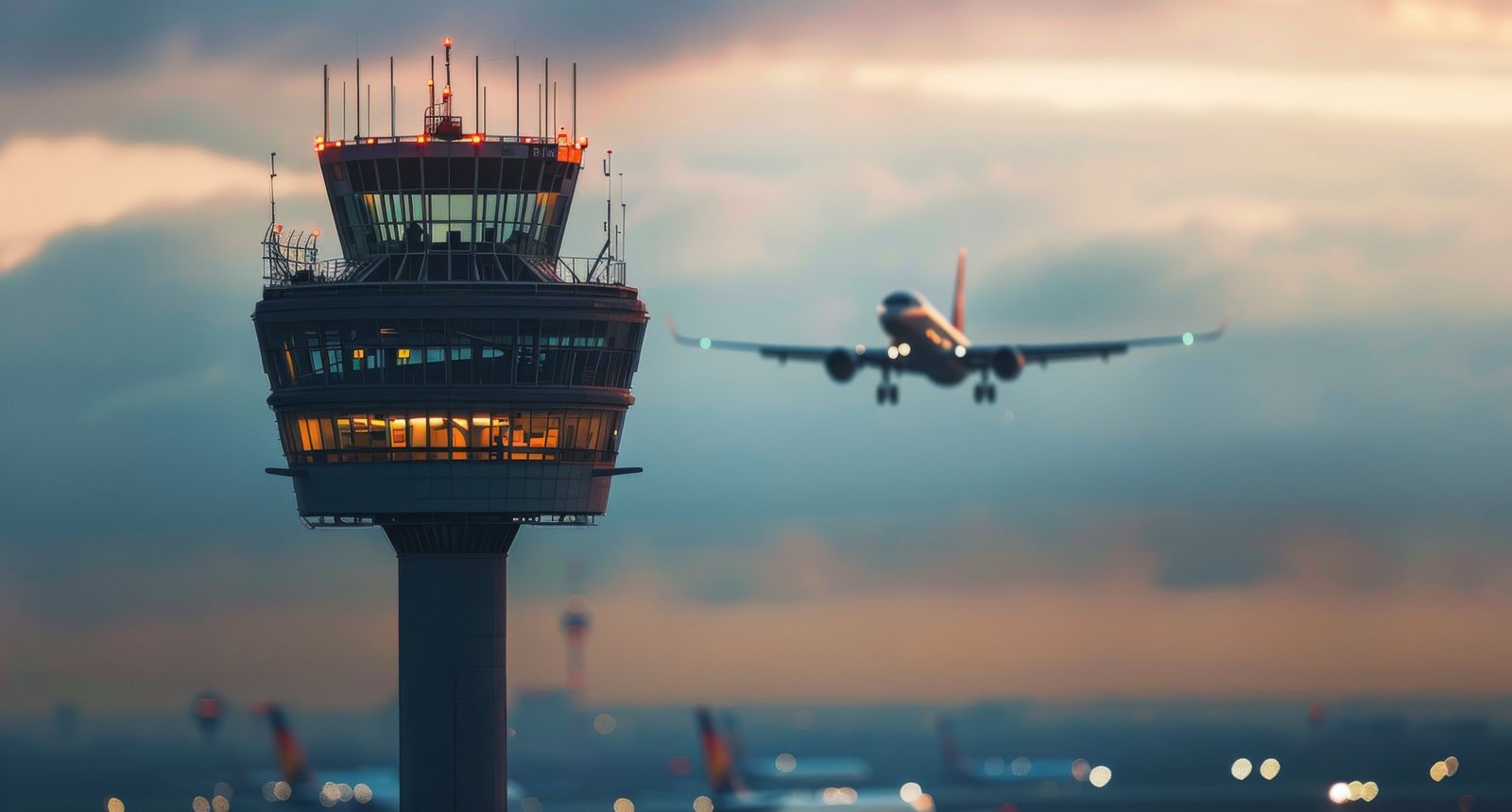 An airport control tower at dusk as an airliner takes off behind it