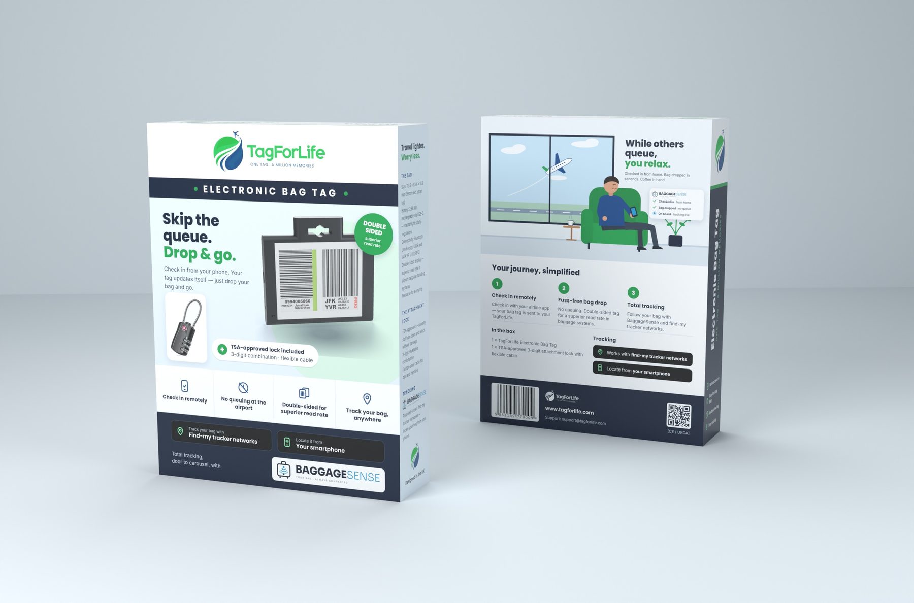 The TagForLife retail box, front and back, showing the tag, the included lock and the journey steps
